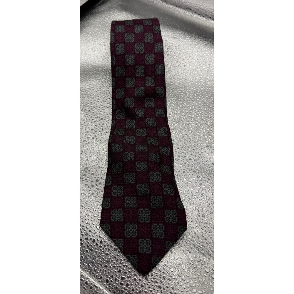 Guy Laroche Paris Mens Silk Vintage Tie Burgundy Grey Geometric Medallion USA